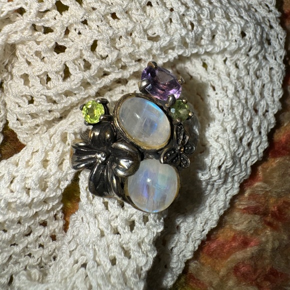 MOONSTONE RAINBOW AMETHYST PERIDOT DIAMOND GOLD AND .925 ORIGINAL CUSTOM RING - Picture 3 of 14